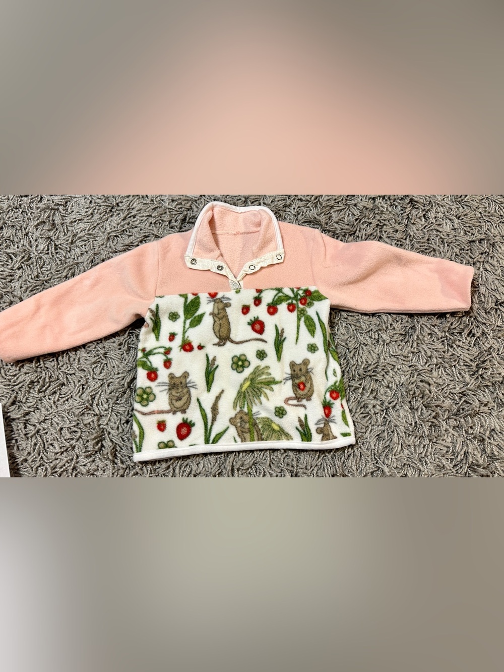 Pink Fleece Pullover with Mouse & Strawberry Print